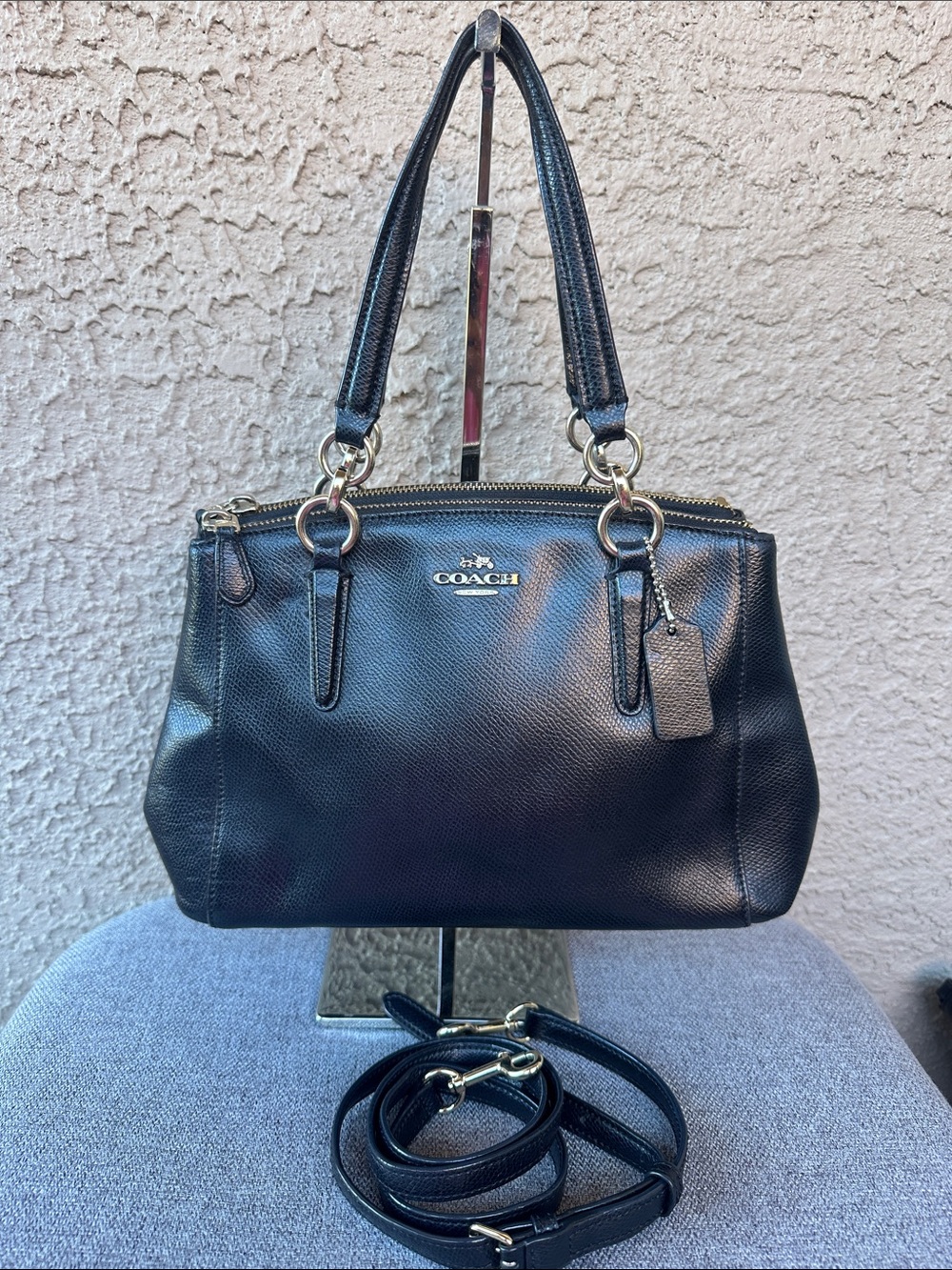 Coach Black Pebbled Leather Double-Handle Satchel with Removable Strap
